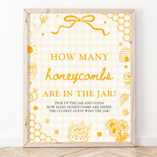 Gul Gingham Honungsbi Gissa Hur Många Bikakor Poster (Yellow Gingham Honey Bee Guess How Many Honeycombs Game Sign)
