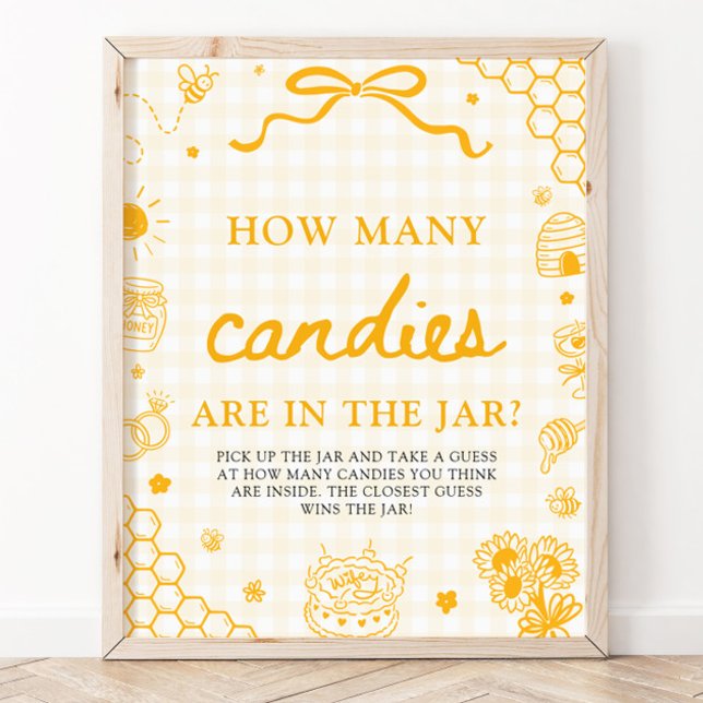 Gul Gingham Honungsbi Gissa Hur Många Godisar Poster (Yellow Gingham Honey Bee Guess How Many Candies Game Sign)