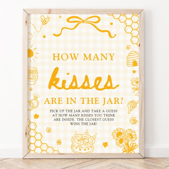 Gul Gingham Honungsbi Gissa Hur Många Kyssar Poster (Yellow Gingham Honey Bee Guess How Many Kisses Game Sign)