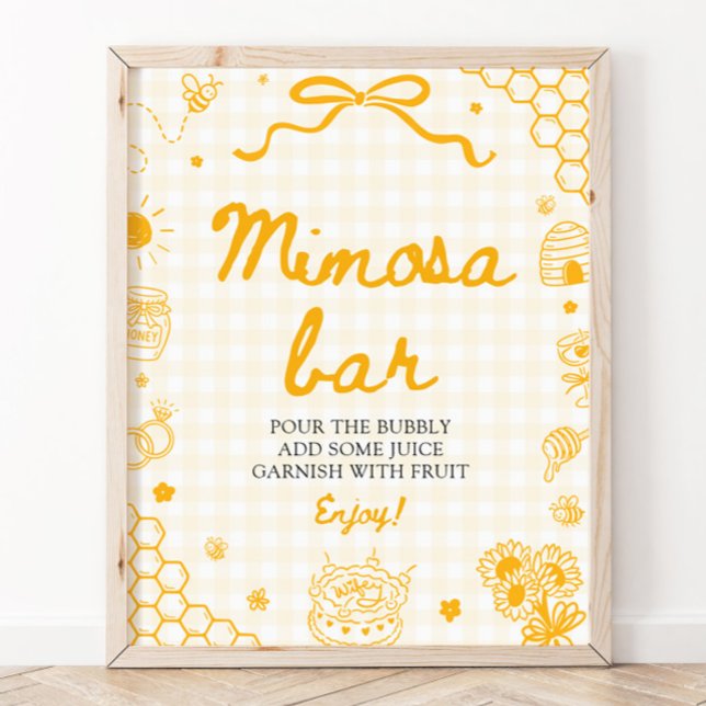 Gul Gingham Honungsbi Mimosa Barskylt Poster (Yellow Gingham Honey Bee Mimosa Bar Sign)