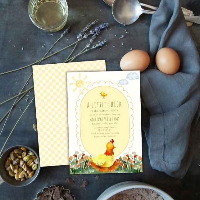 Gul Gingham Landsbyblommig Kyckling Bebisens Först Inbjudningar (Yellow Gingham Country Floral Chicken Baby Shower Invitation)
