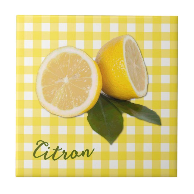 Gul Gingham med färska citroner Citrus Citron  Kakelplatta (Framsidan)