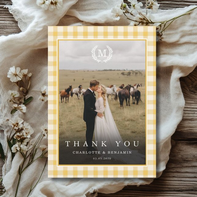 Gul Gingham Monogram Krest 2 Foto Tack Kort (Yellow Gingham Monogram Crest 2 Photo Thank You Card)
