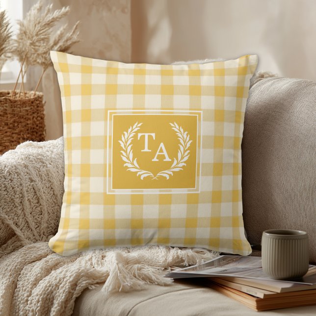 Gul Gingham Monogram Kullar Kudde (Yellow Gingham Monogram Crest Throw Pillow)