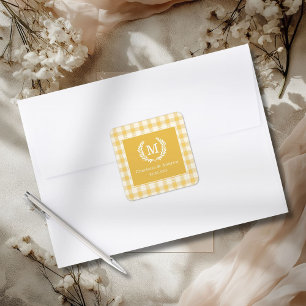 Gul Gingham Monogram Vapen Anpassad Fyrkantigt Klistermärke