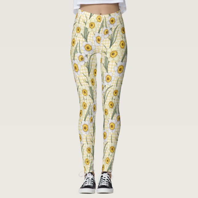 Gul Gingham Narciss Botanisk Blommig Mönster Leggings (Framsida)