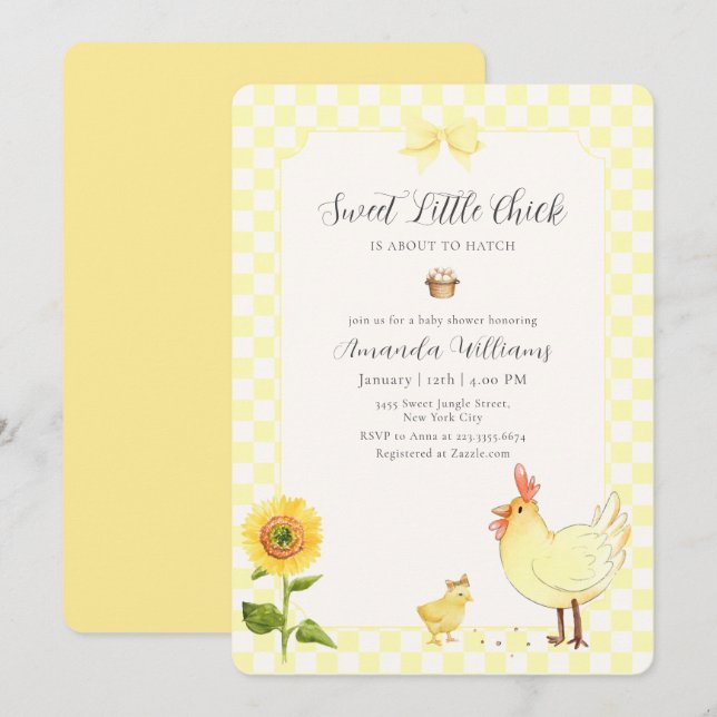 Gul Gingham Solros Liten Kyckling Baby Shower Inbjudningar (Fram/baksida)