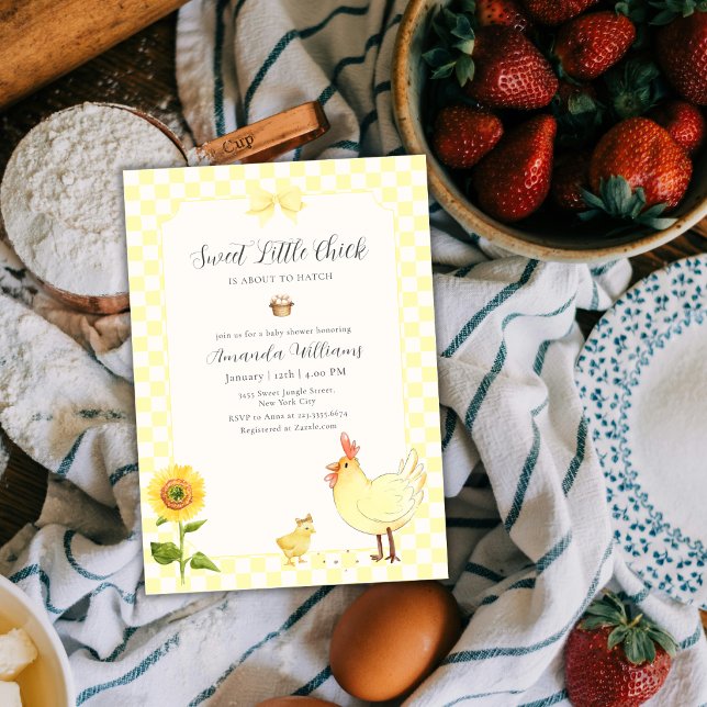 Gul Gingham Solros Liten Kyckling Baby Shower Inbjudningar (Yellow Gingham Sunflower Little Chick Baby Shower Invitation)