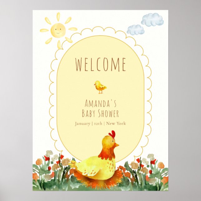 Gul Gingham Trädgårdskyckling Baby Shower Välkomme Poster (Framsidan)