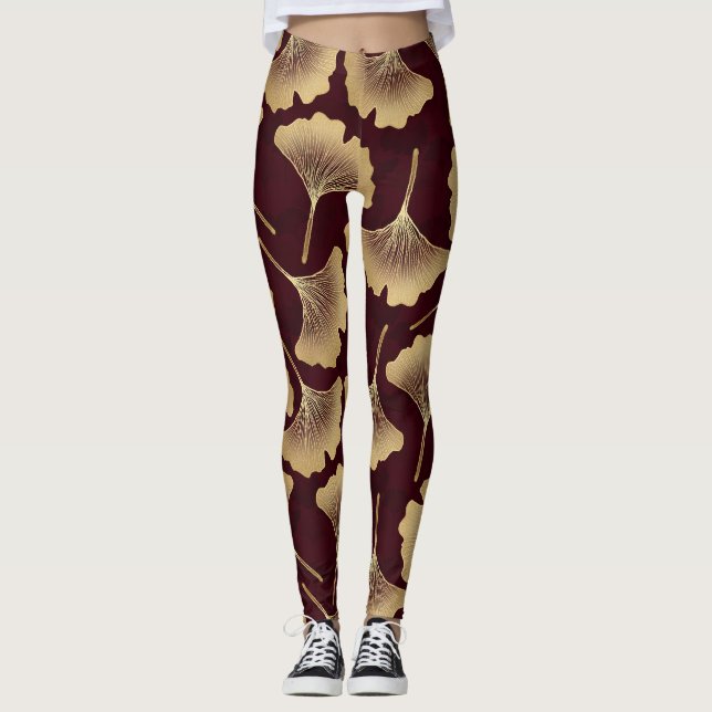 Gul Ginkgo Löv Burgunder Botanisk Mönster Leggings (Framsida)