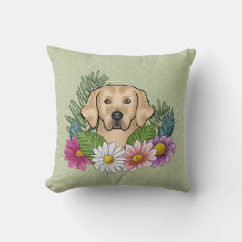 Gul Golden Retriever Färgglada Blommor Grön Kudde