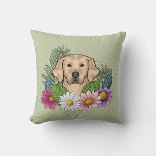 Gul Golden Retriever Färgglada Blommor Grön Kudde