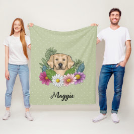 Gul Golden Retriever Färgglada Blommor Och Namn Fleecefilt