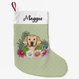 Gul Golden Retriever Färgglada Blommor Och Namn Liten Julstrumpa