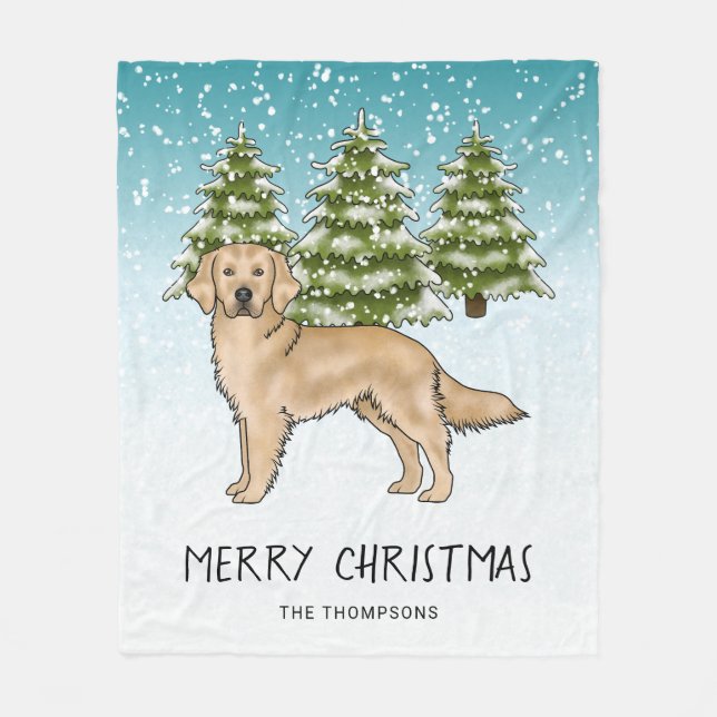 Gul Golden Retriever Hund Blå Snöig Jul Fleecefilt (Framsidan)