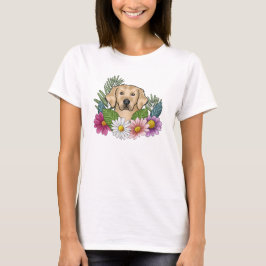 Gul Golden Retriever-huvud med färgglada blommor T Shirt