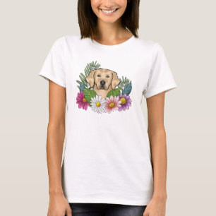 Gul Golden Retriever-huvud med färgglada blommor T Shirt