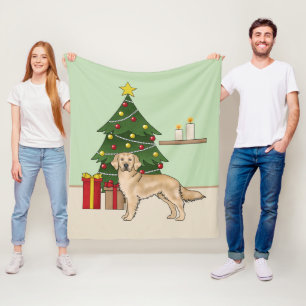 Gul Golden Retriever Med Grön Julgran Fleecefilt