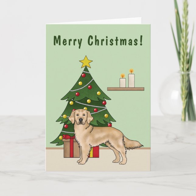 Gul Golden Retriever och festlig julgran Kort (Framsida)