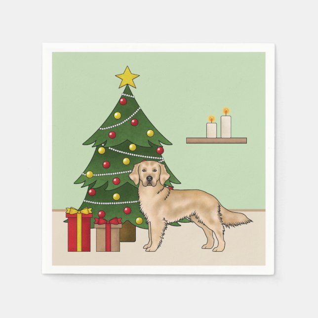 Gul Golden Retriever Och Festlig Julgran Pappersservett (Framsidan)
