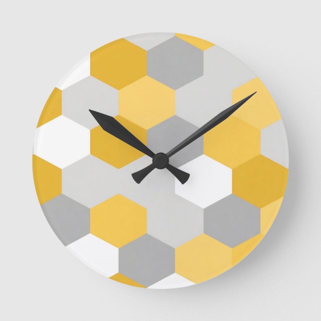 Gul Grå Hexagon Geometrisk Mönster Rund Klocka (Framsida)