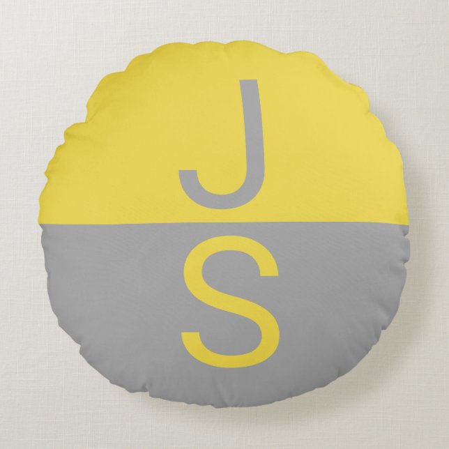 Gul & Grå Modern Initialer Monogram Rund Kudde (Framsidan)