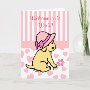 Gul grattis för Labrador rosa nyfödd bebisflicka Kort