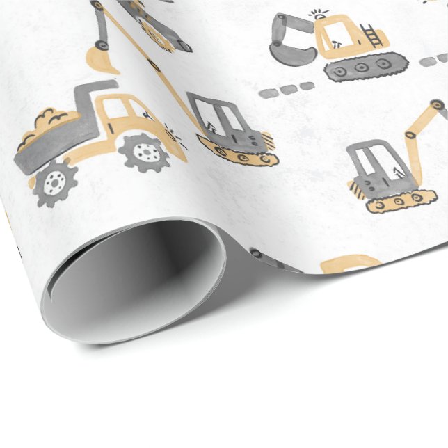 Gul Grävmaskin Konstruktionsmönster  Liten Byggare Presentpapper (Rullad Hörn)