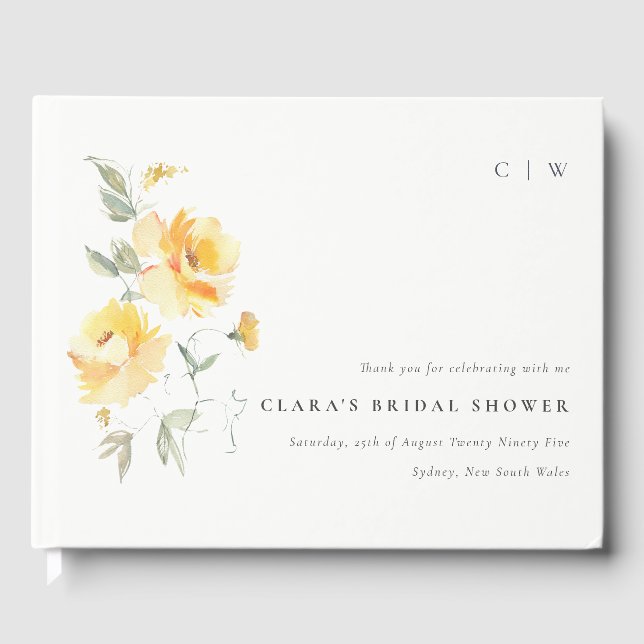 Gul Grön Akvarell Ros Blom Bröllopsfest Gästböcker (Framsida)