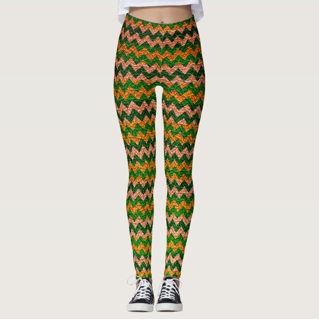 Gul Grön Chevron Modern Läder Leggings (Framsida)