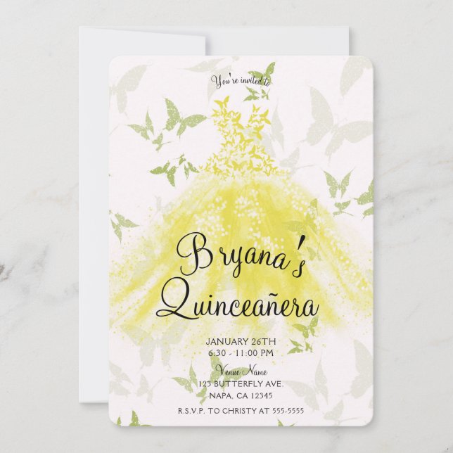 Gul Grön Fjärilsdansklänning Quinceañera Inbjudningar (Framsida)