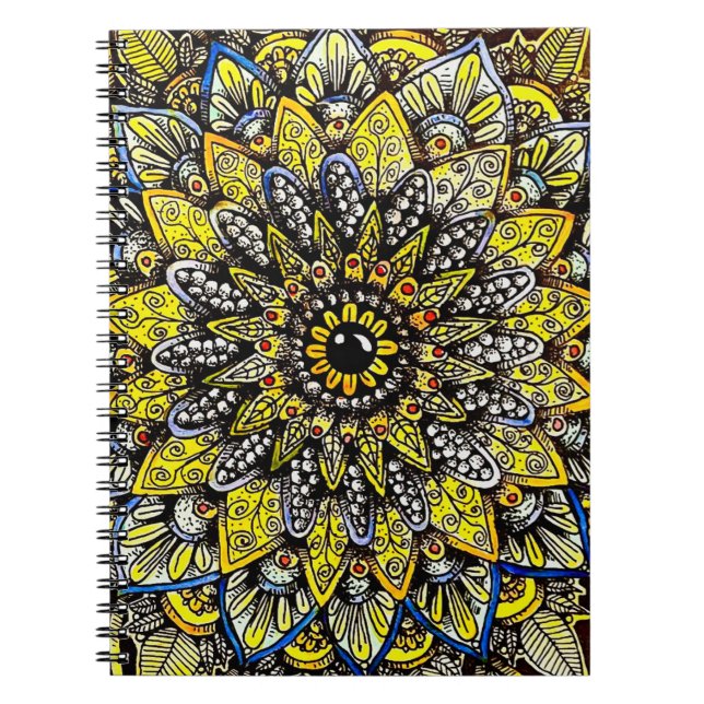 Gul Grön Handritad Mandala-design Anteckningsbok (Framsidan)