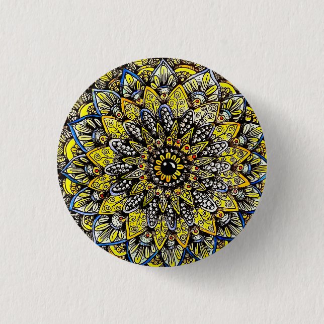 Gul Grön Handritad Mandala-design Knapp (Framsida)