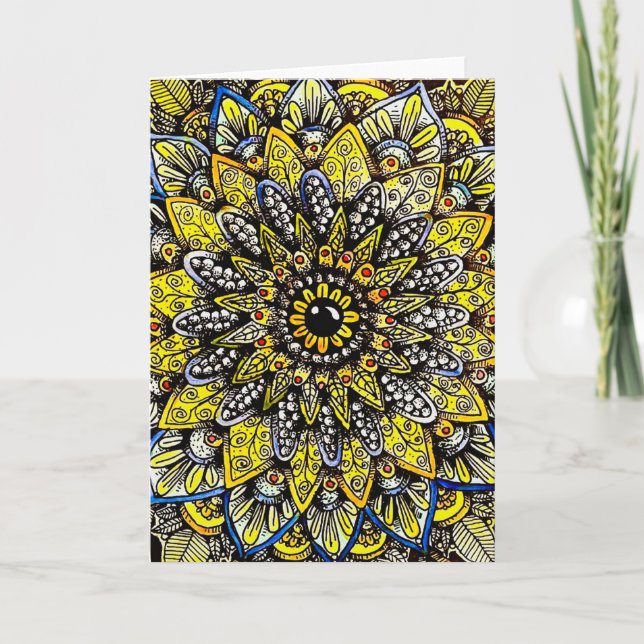 Gul Grön Handritad Mandala Design Kort (Framsida)