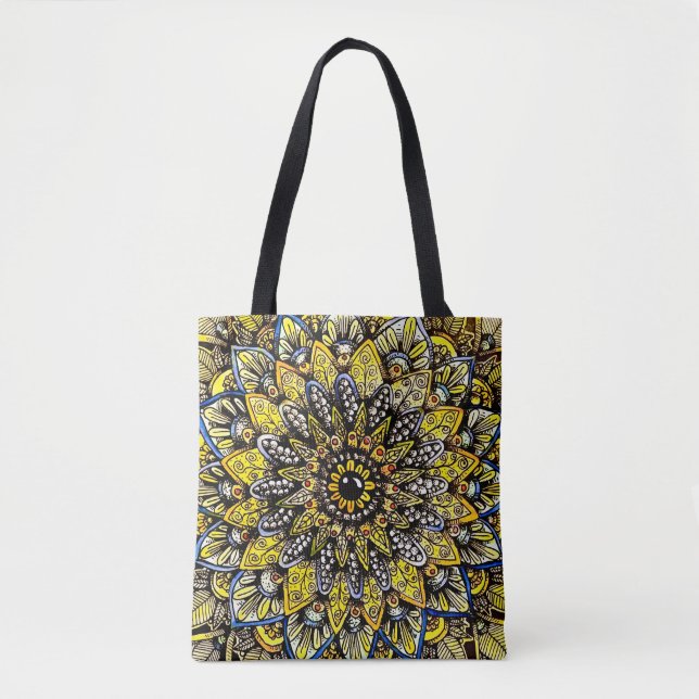 Gul Grön Handritad Mandala-design Tygkasse (Framsida)