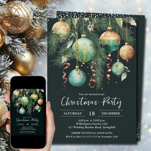 Gul Grön Julgran Ornamente Party Inbjudningar (Gold and green Christmas tree ornaments party invitations, PRINTED and/or INSTANT DOWNLOAD)