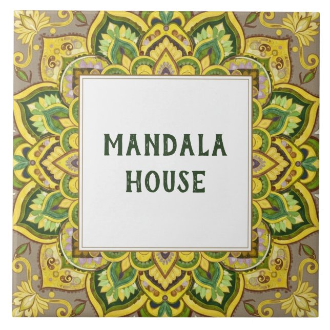 Gul Grön Mandala Anpassad Hus Namnskylt Kakelplatta (Framsidan)