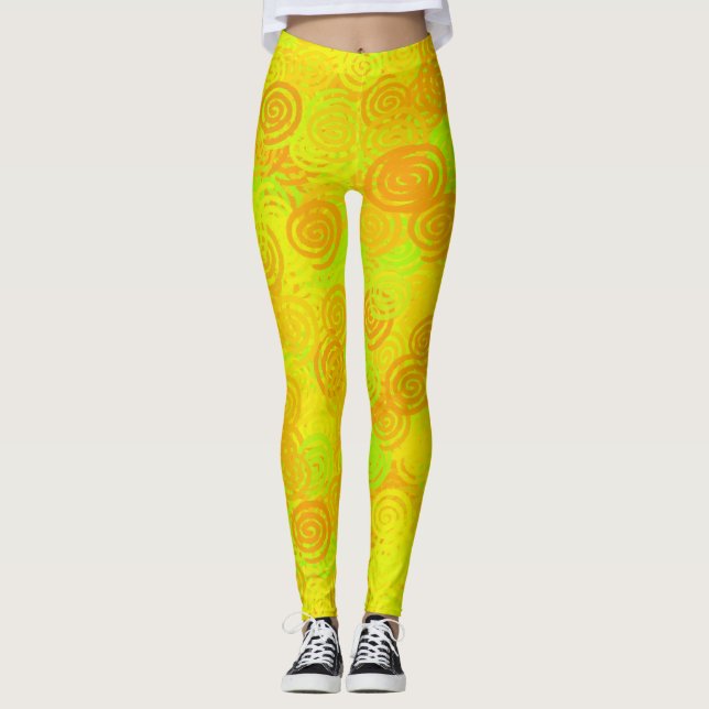 Gul Grön Orange Virvlar Mönster Leggings (Framsida)