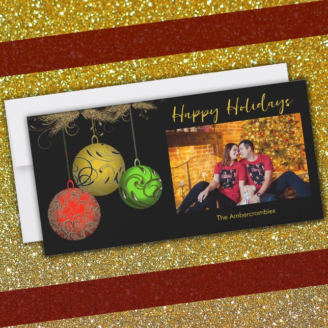 Gul Grön Röd Prydnad En Foto Julkort (Ornaments photo card for Christmas.)