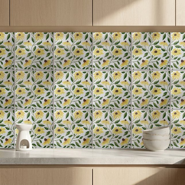 Gul Grön Solros Vattenfärg Vildblomma Kakelplatta (Yellow Green Sunflower Watercolor Wildflower Ceramic Tile)