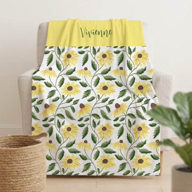 Gul Grön Solros Vattenfärg Vildblomma Namn Fleecefilt (Yellow Green Sunflower Watercolor Wildflower Name Fleece Blanket)