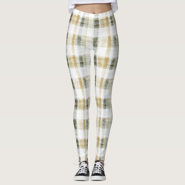 Gul Grön Vit Rutig Randig Leggings (Framsida)