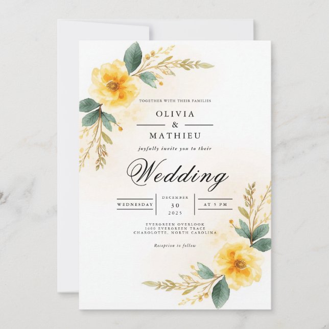 Gul Gulaktig Blomsterbåge Bröllop Inbjudningar (Framsida)