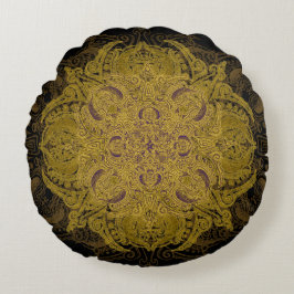 Gul guld- Filigree Mehndi Mandala på svart Rund Kudde