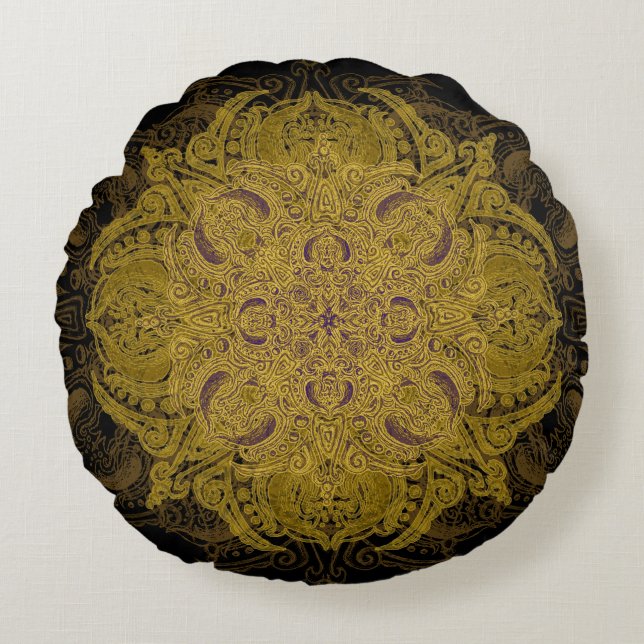 Gul guld- Filigree Mehndi Mandala på svart Rund Kudde (Framsidan)