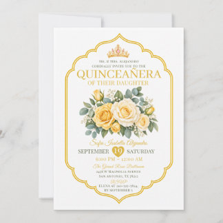 Gul Guld Krona Blommig QuinceañeraPrinsessa Inbjudningar