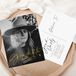 Gul Guld Stilren Script Foto Examenfest Inbjudan Vykort