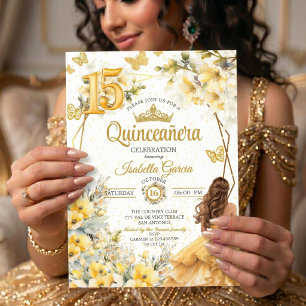 Gul Guld Tiara Blommig Fjäril Quinceañera Inbjudningar
