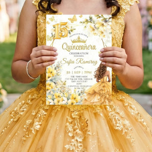 Gul Guld Tiara Blommig Fjäril Quinceañera Inbjudningar