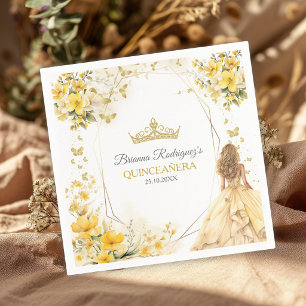Gul Guld Tiara Blommor Fjärilar Quinceañera Pappersservett